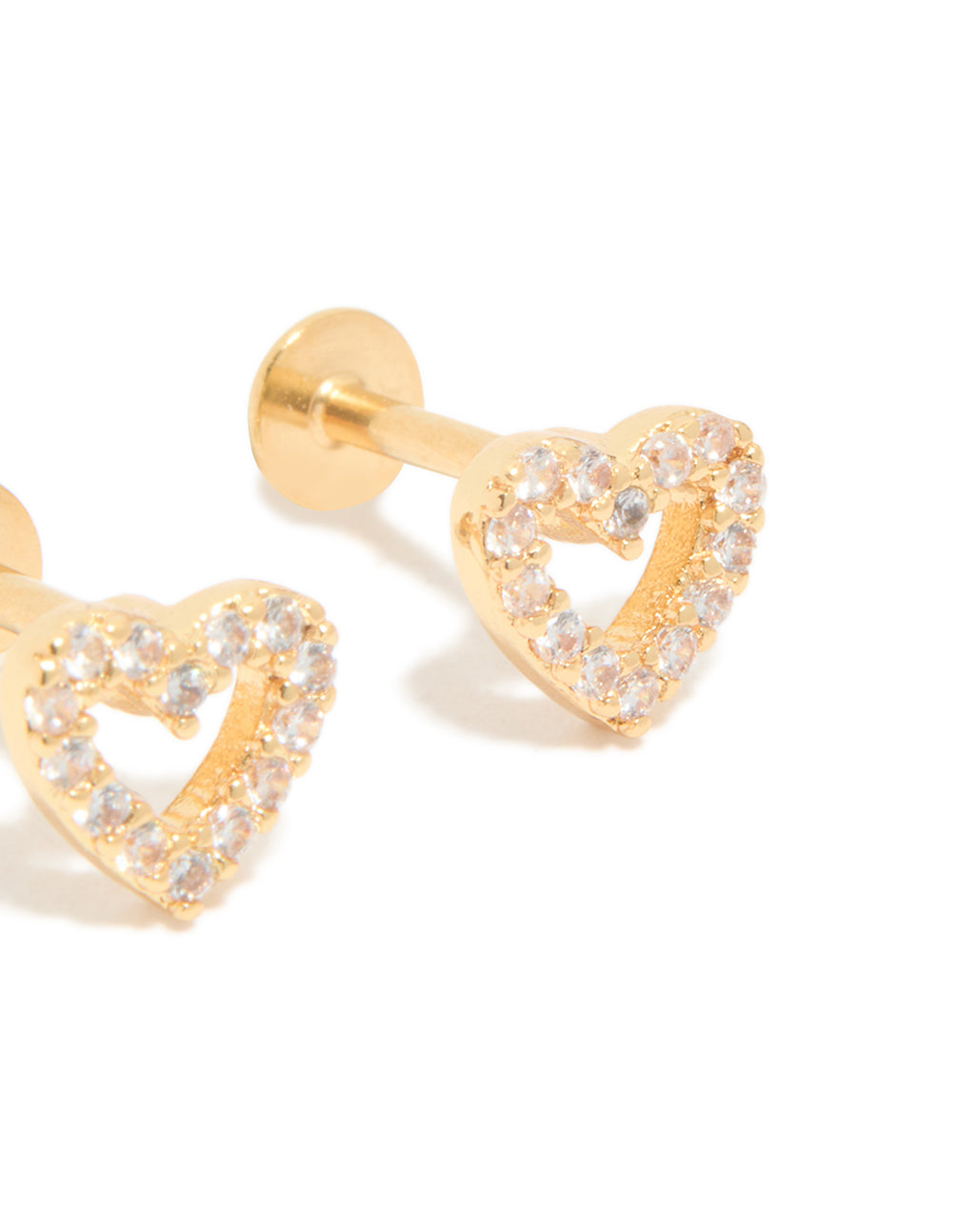 These gold plated titanium open heart flat back stud earrings with cubic zirconia in a post detail view