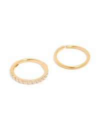 Gold Plated Surgical Steel Cubic Zirconia Hinged  & Plain Nose Rings 2-Pack - link has visual effect only