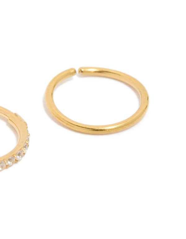 Gold Plated Surgical Steel Cubic Zirconia Hinged  & Plain Nose Rings 2-Pack