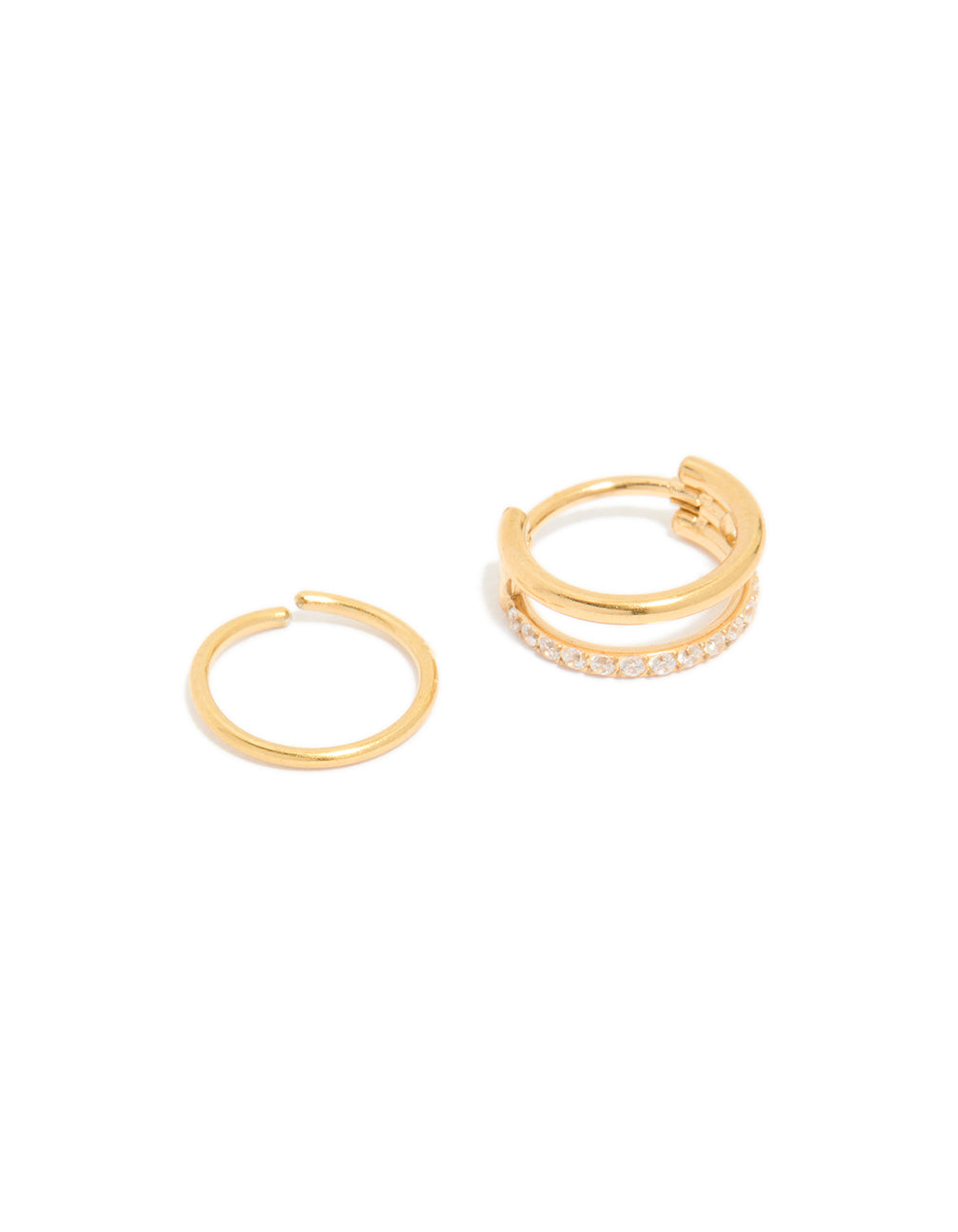 Pair of gold plated surgical steel nose rings featuring cubic zirconia in a 2-pack front view