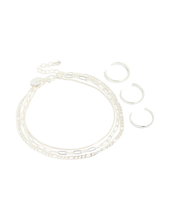 Silver Smooth Chain Anklet & Toe Rings Pack
