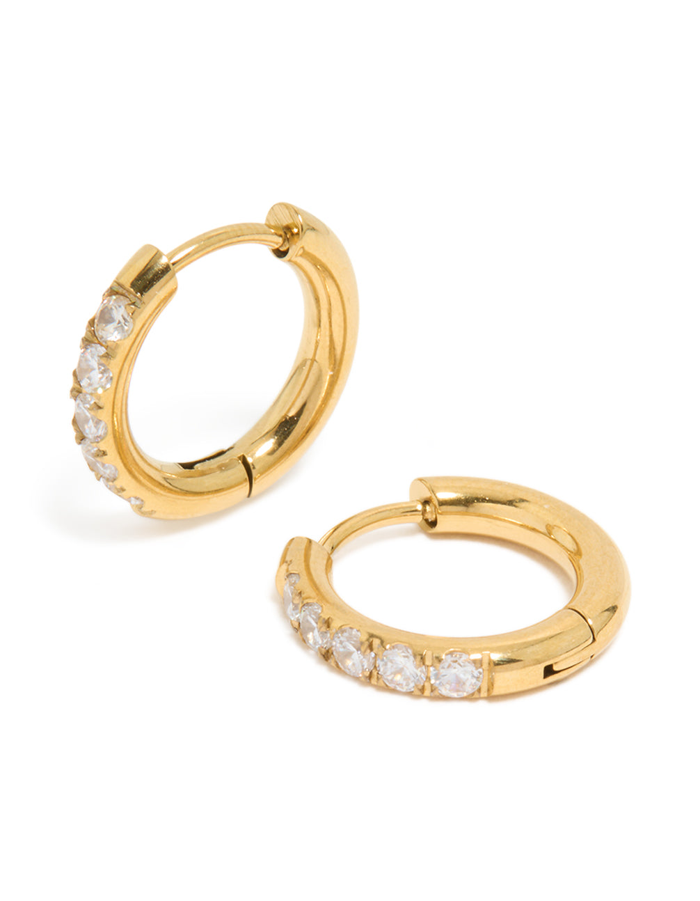 Chunky gold plated hoop earrings featuring cubic zirconia inlay and stainless steel construction front view