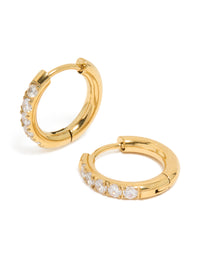 Chunky gold plated hoop earrings featuring cubic zirconia inlay and stainless steel construction front view - link has visual effect only