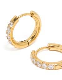 Showcasing chunky gold plated hoop earrings with cubic zirconia inlay and stainless steel construction close up view - link has visual effect only