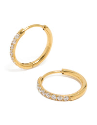 Showcasing gold plated surgical steel thin inlay cubic zirconia sleeper hoop earrings front view - link has visual effect only