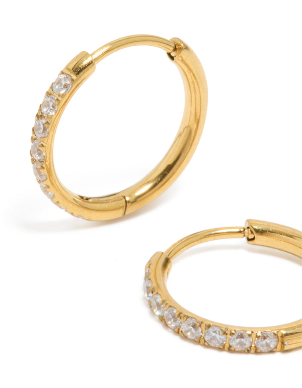 Featuring gold plated surgical steel thin inlay cubic zirconia sleeper hoop earrings close up view