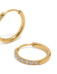 Highlighting gold plated surgical steel thin inlay cubic zirconia sleeper hoop earrings post detail view - link has visual effect only