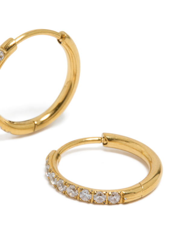 Highlighting gold plated surgical steel thin inlay cubic zirconia sleeper hoop earrings post detail view