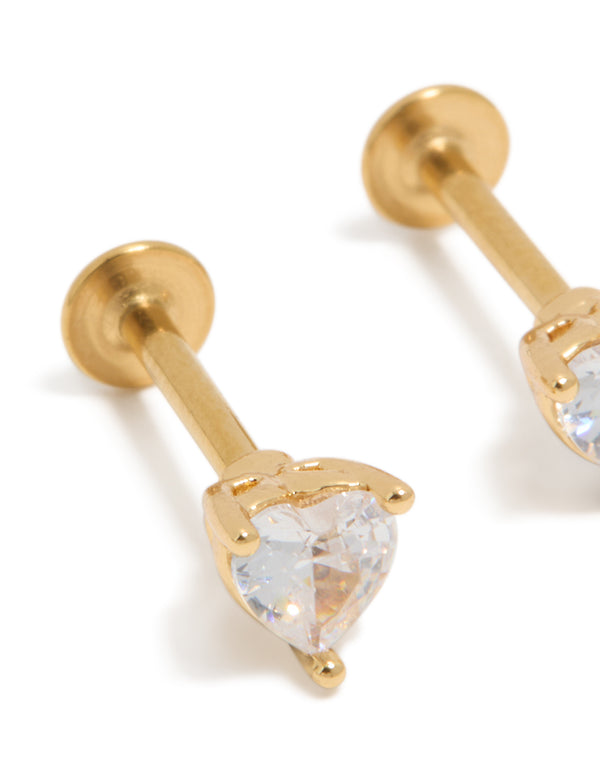 Gold Plated Surgical Steel Cubic Zirconia Heart Flat Back Studs