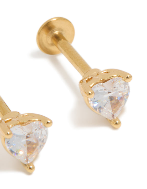 Gold Plated Surgical Steel Cubic Zirconia Heart Flat Back Studs