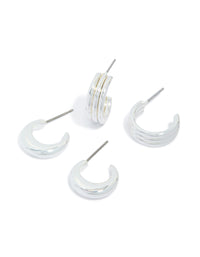 Silver Ribbed & Plain Open Hoop Earrings 2-Pack - link has visual effect only
