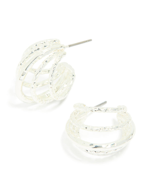 Silver Textured 5-Prong Huggie Earrings