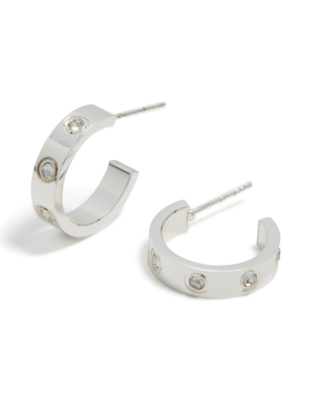 Elegant waterproof stainless steel square cubic zirconia hoop earrings in silver front view