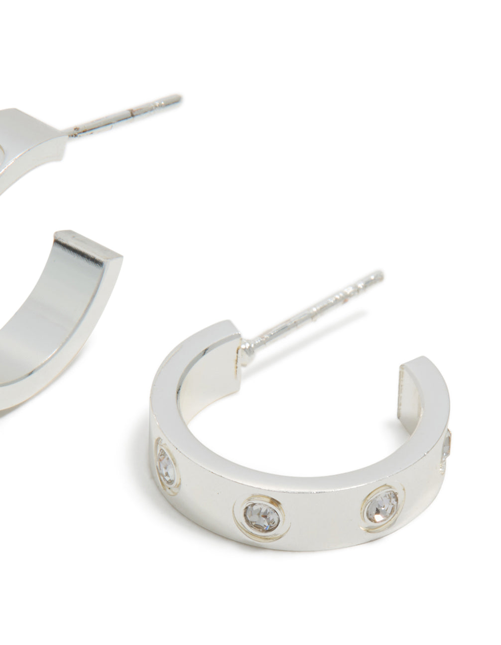 Crafted from waterproof stainless steel square cubic zirconia hoop earrings in silver post detail view