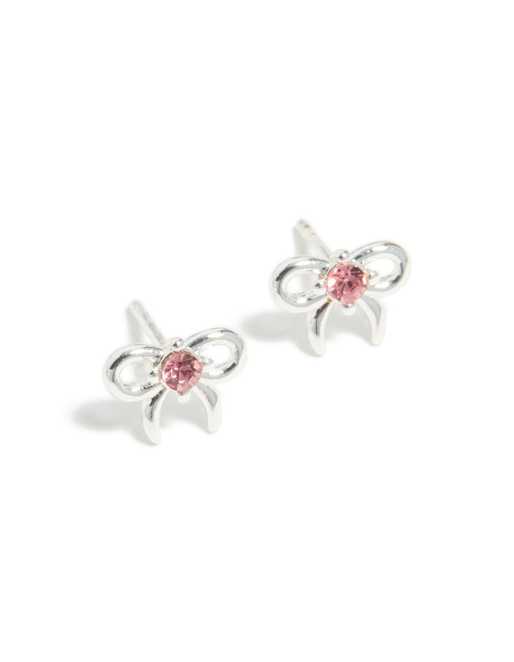 Discover these stud earrings for kids featuring waterproof stainless steel with bow design and pink cubic zirconia in a front view
