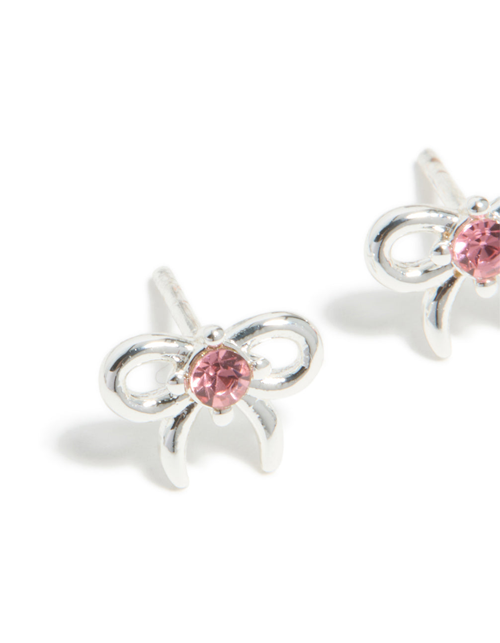 Beautifully crafted stud earrings for kids with waterproof stainless steel, bow feature and pink cubic zirconia in a close up view