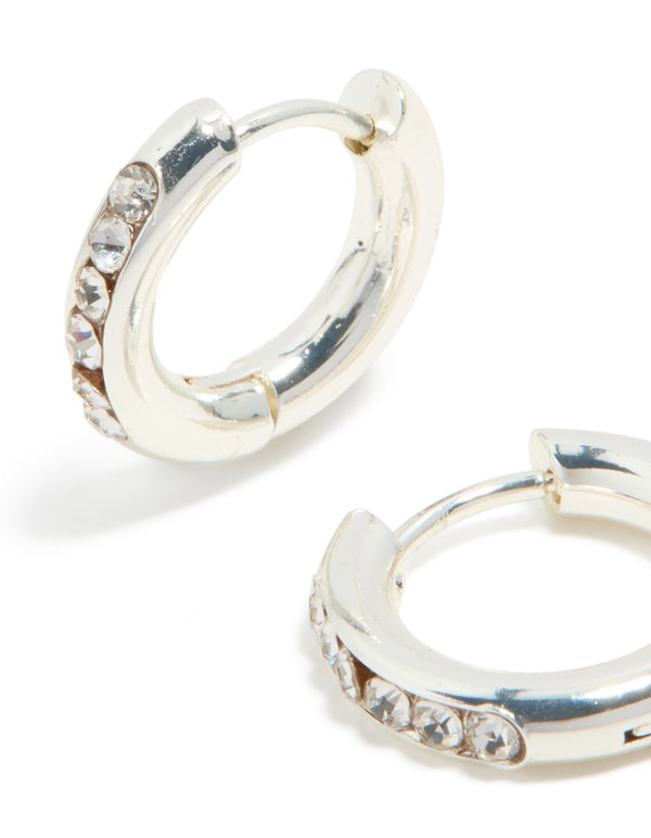 Waterproof Stainless Steel Round Diamante Clicker Hoop Earrings