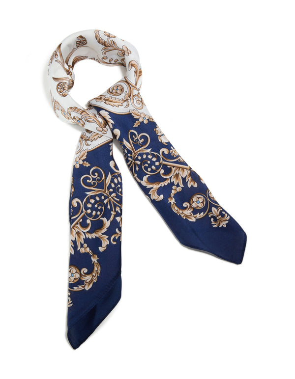 Dark Blue & White Baroque Flower Polyester Fabric Scarf