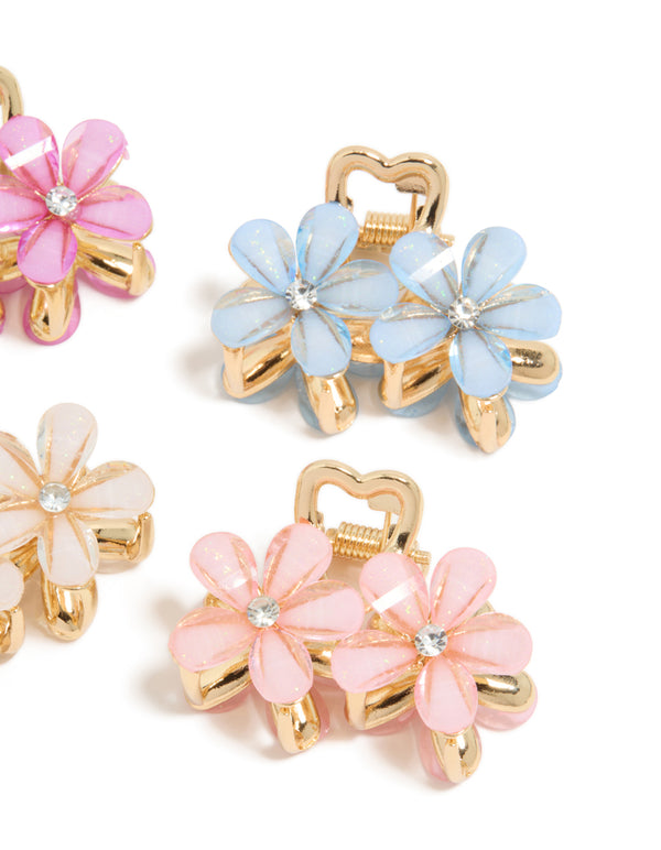 Gold Double Flower Diamante Claw Clips 4-Pack