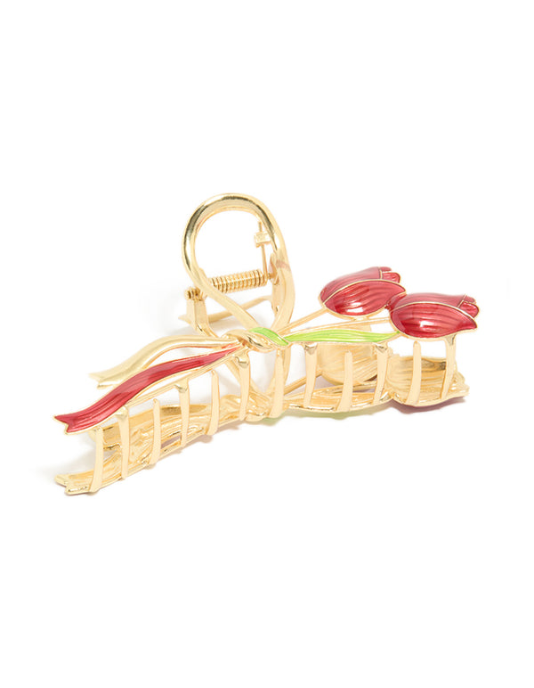 Gold Red Tulips Ribbon Claw Clip