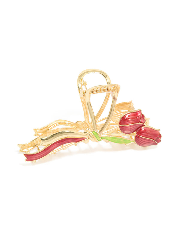 Gold Red Tulips Ribbon Claw Clip