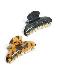 Tortoiseshell and black acrylic curved claw clips in a 2-pack with gold accents front view - link has visual effect only