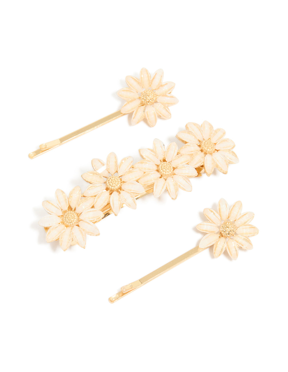 Showcasing gold detailed flowers hair clips in a 3-pack front view