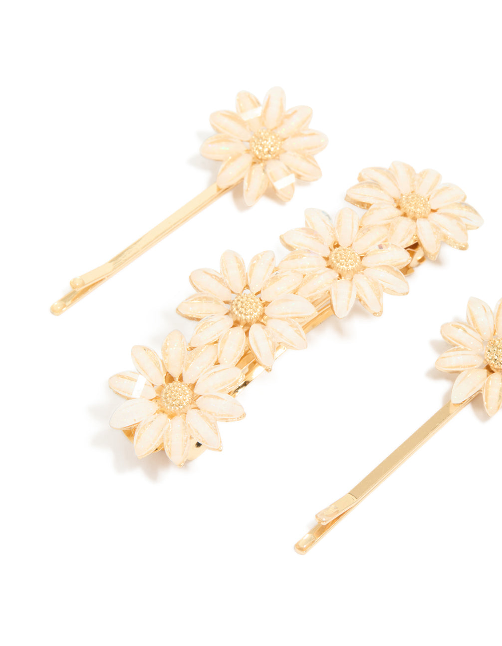 Explore gold detailed flowers hair clips in a 3-pack side view