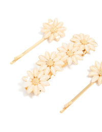 Gold Pink Detailed Flowers Hair Clips 3-Pack - link has visual effect only