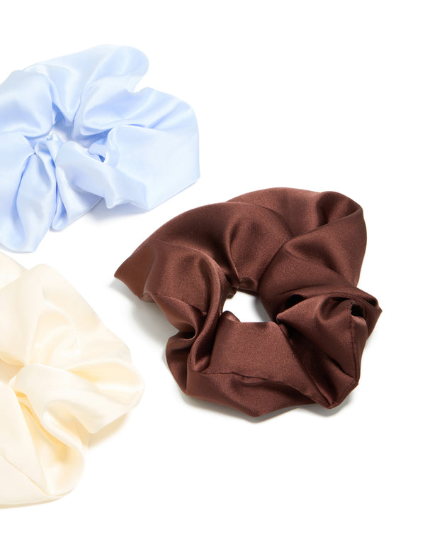 White, Blue & Brown Satin Fabric Scrunchie 3-Pack