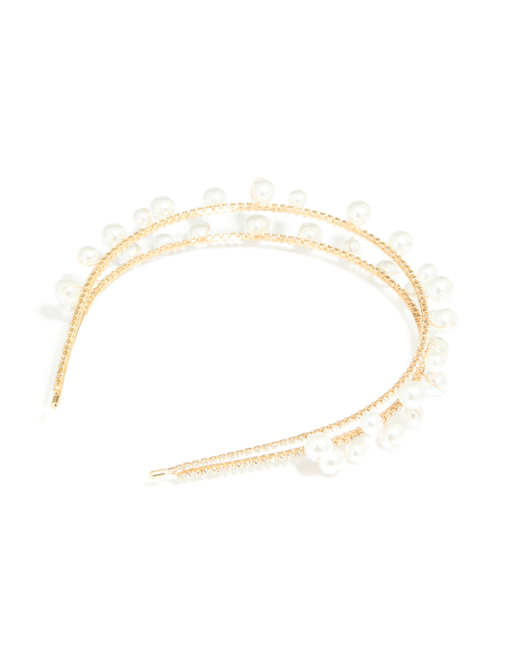 Crafted with gold scattered pearl double headband featuring white accents in a statement style side view
