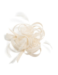 Showcasing a white sinamay fabric swirl hair clip with floral and feather details in ivory accents, front view - link has visual effect only