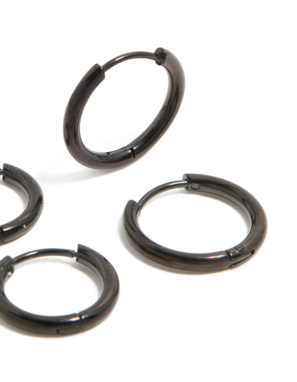 Mens Waterproof Black Coated Stainless Steel Huggie Earrings 2-Pack