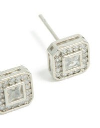 Highlighting mens waterproof stainless steel square cubic zirconia stud earrings in silver post detail view - link has visual effect only