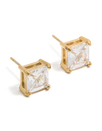 Showcasing mens waterproof large square stud earrings crafted from stainless steel with cubic zirconia in gold plated finish front view - link has visual effect only