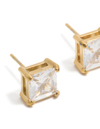 Highlighting mens waterproof large square stud earrings featuring stainless steel and cubic zirconia in gold plated finish close up view - link has visual effect only