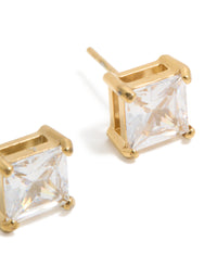 Detailed view of mens waterproof large square stud earrings with stainless steel and cubic zirconia in gold plated finish post detail view - link has visual effect only