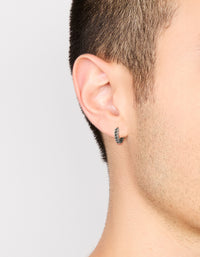 Showcasing mens stainless steel chain detail huggie earrings with closure in silver front view - link has visual effect only