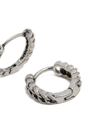Crafted from mens stainless steel chain detail huggie earrings with closure in silver post detail view - link has visual effect only