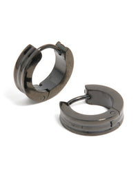 Mens Waterproof Black Coated Stainless Steel Ribbed Huggie Earrings - link has visual effect only