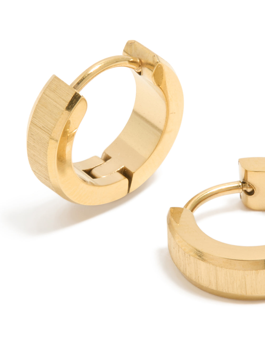 Highlighting mens waterproof gold plated stainless steel brushed huggie earrings close up view