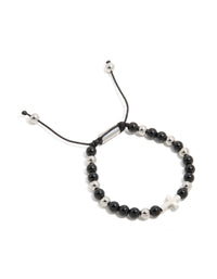 Mens Waterproof Stainless Steel Black Beaded & Cross Cord Bracelet - link has visual effect only