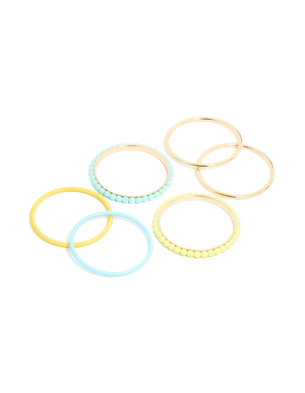 Showcasing a set of beaded acrylic bangles in gold, blue and yellow 6-pack in front view