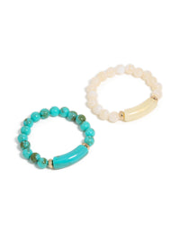 Explore turquoise and neutral beaded stretch bracelets in a 2-pack with gold accents in front view - link has visual effect only