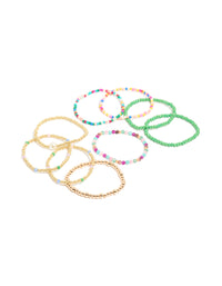 Discover multicoloured beaded stretch bracelets 9-pack featuring pearl and gold accents in light green, light pink, and aqua front view - link has visual effect only