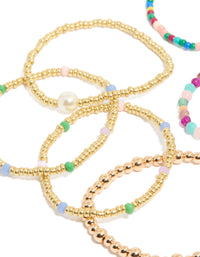Crafted with multicoloured beaded stretch bracelets 9-pack showcasing pearl details in gold, light green, light pink, and aqua close up view - link has visual effect only