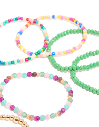 Featuring multicoloured beaded stretch bracelets 9-pack with pearl accents in gold, light green, light pink, and aqua post detail view - link has visual effect only