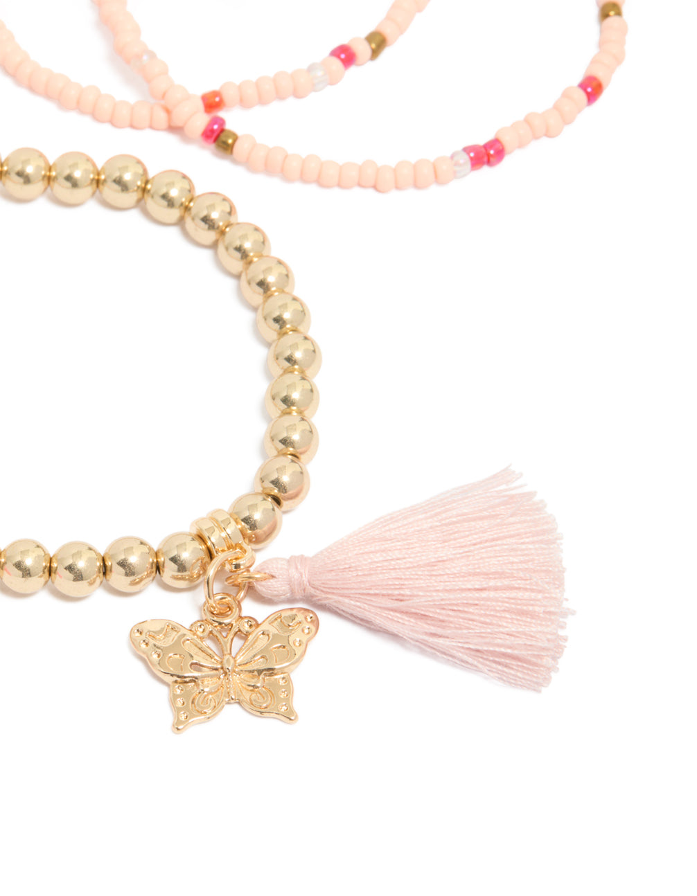 Crafted with beaded design featuring butterfly and a tassel in gold and pink close up view
