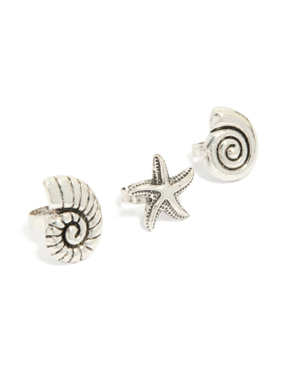 Showcasing antique silver sea-life large rings in a 3-pack, featuring charm shells and ocean-inspired motifs with a bold, statement style front view