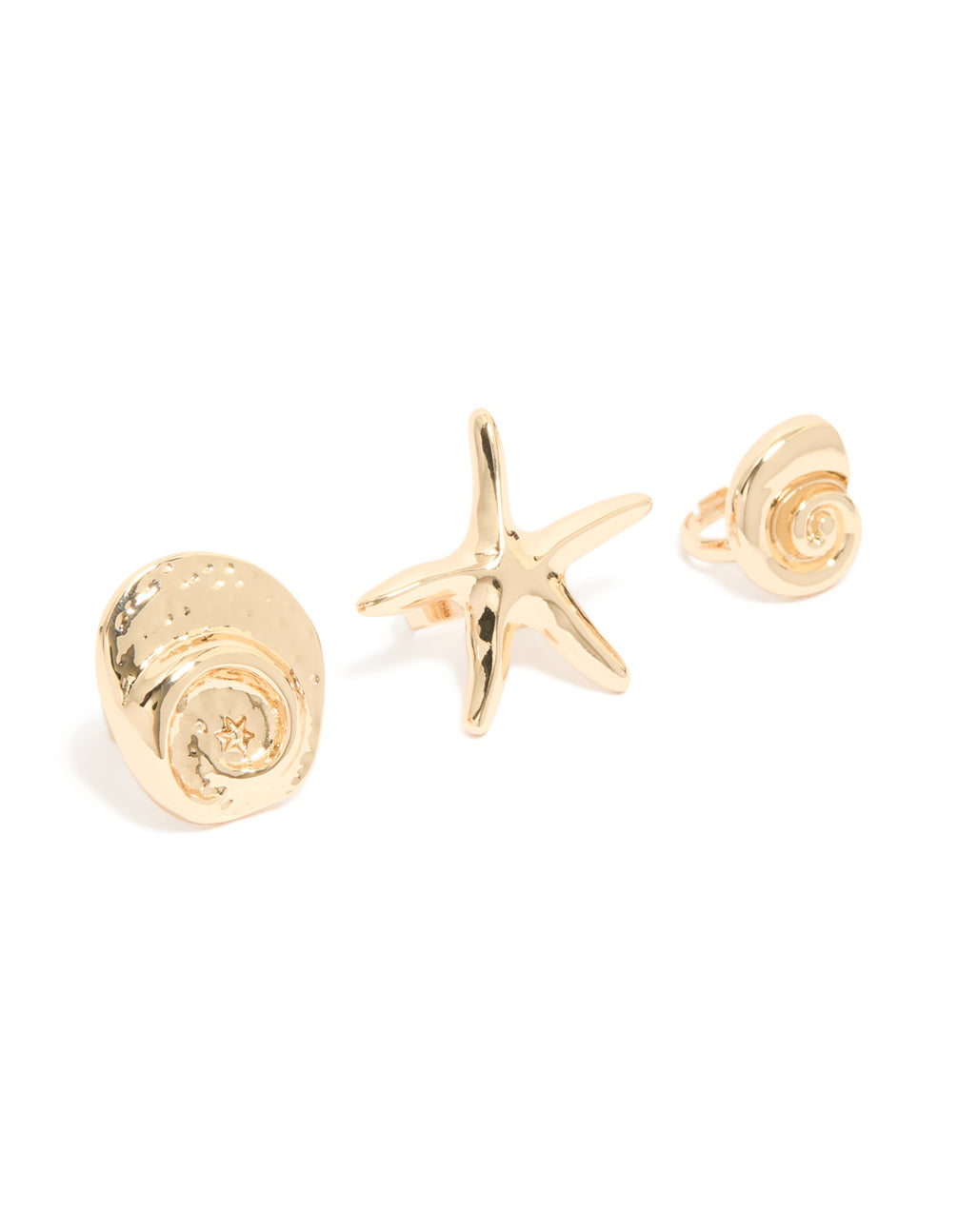 Elegant gold sea life large rings in a 3-pack with shell and ocean motifs front view